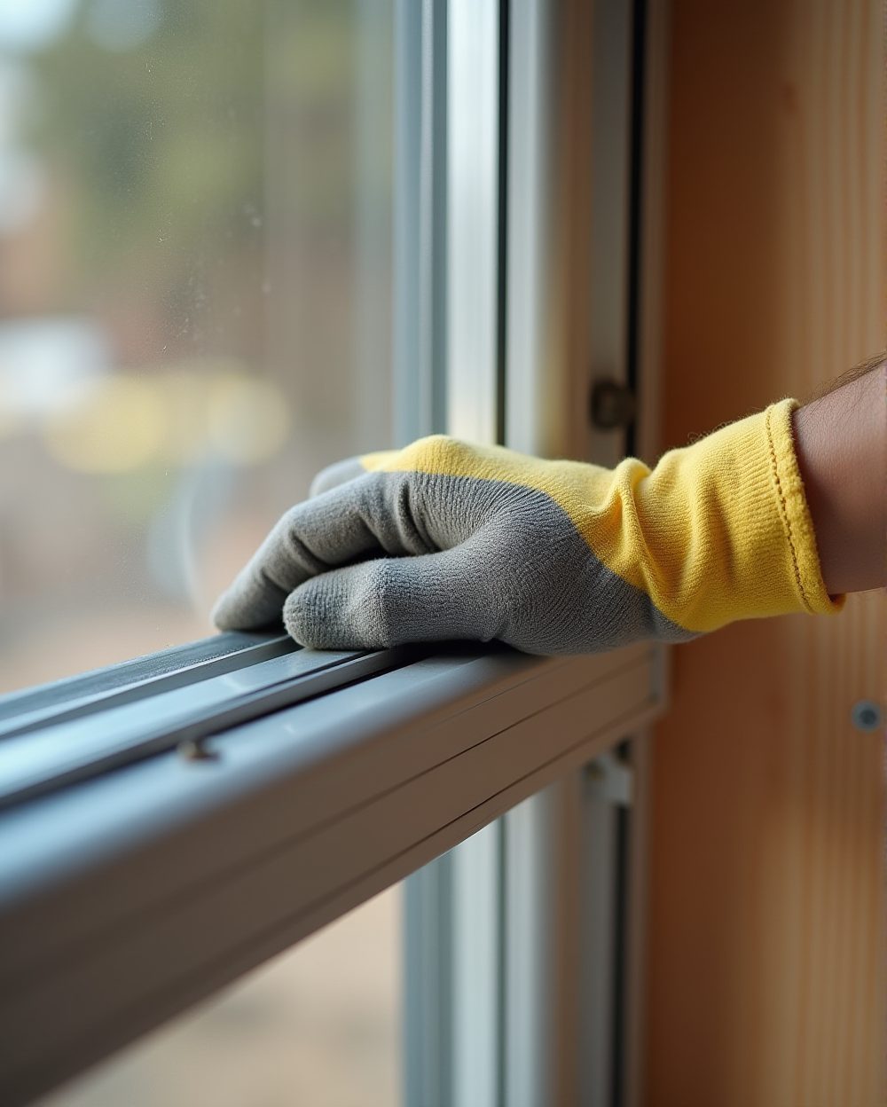 Close-up of a gloved hand wiping down an aluminum window frame and sill