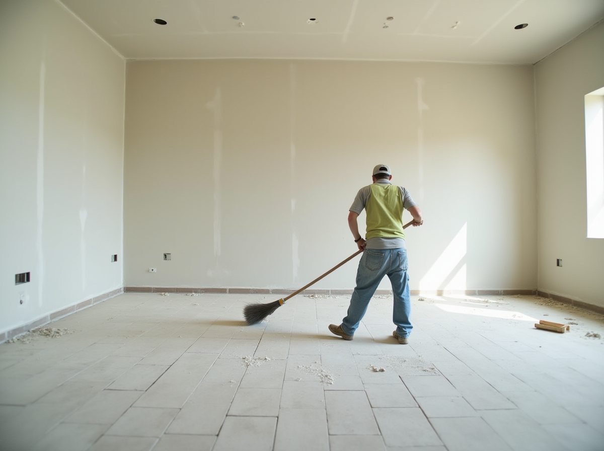 Worker sweeping construction debris on a finished interior floor