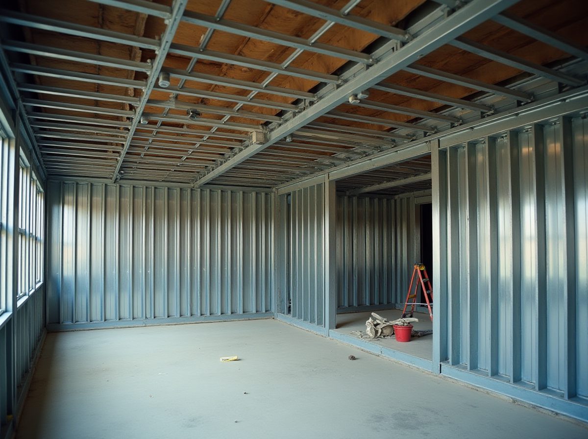 Interior mid fit-out, ceiling grid and metal-stud partition framing installed ahead of cladding