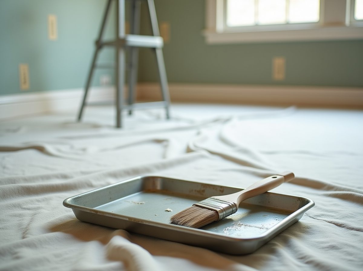Interior wall painting in progress, a brush resting in a paint tray on a canvas drop cloth