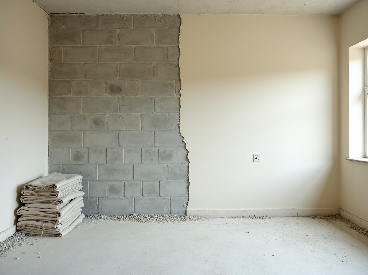 Empty interior room mid-renovation, bare concrete block wall beside a freshly plastered wall