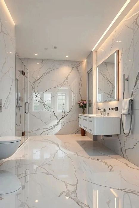 Full-height bookmatched marble slab wall with a floating vanity